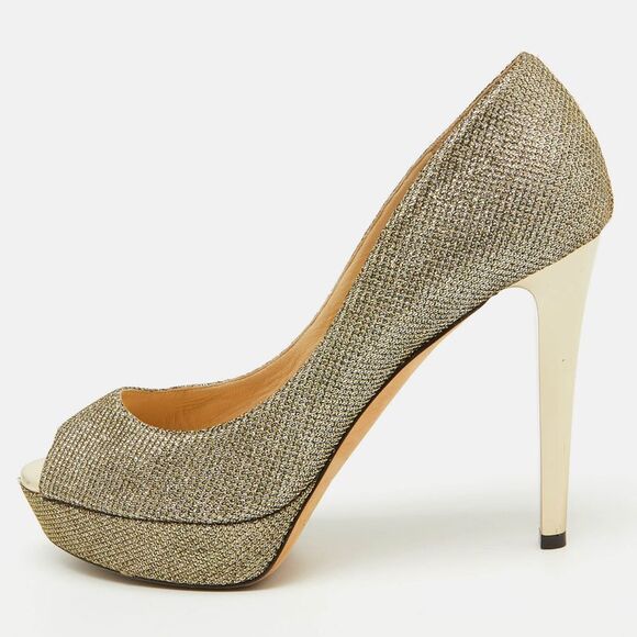 Jimmy Choo Metallic Gold Lurex Fabric Peep Toe Platform Pumps Size 39.5,New Products : American Fashion Style Bags On Sale